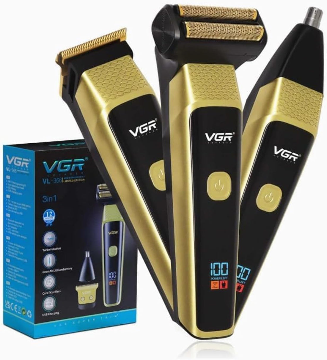 Vgr Hair Clippers Electric Beard Nose Hair Clipper Rechargeable 2 Speed Double Knife Mesh Vgr V-366 3 In 1 For Men With Led Display
