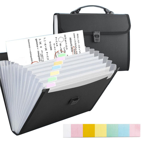 13 Pockets Expanding File Folder Organiser with Handle, TRANBO Accordion File Organiser, Plastic Document Wallet for Paperwork A4, Portable Filing Box for Travel School Office Home - Black
