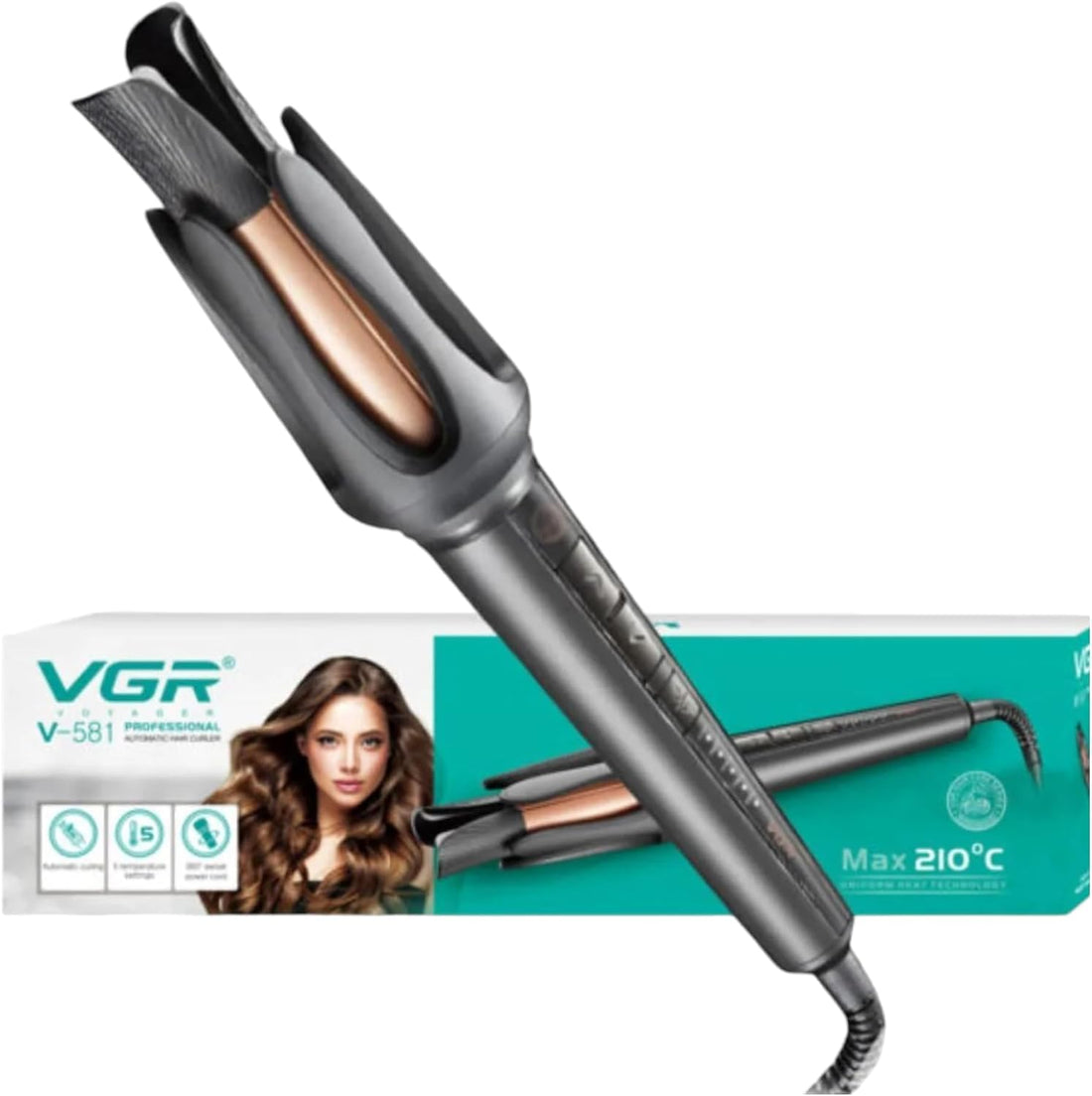 V-581 Professional Automatic Hair Curling Iron Ceramic Plated Multi-Level Temperature Control, Fast Heating, Two-Way Rotation, LED Display