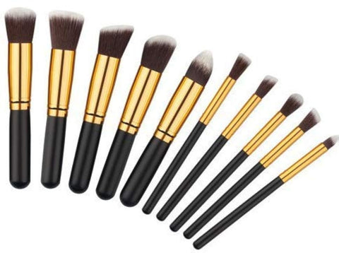 Kabuki Makeup Brush Set Kit - Black and Gold, 10 Pieces