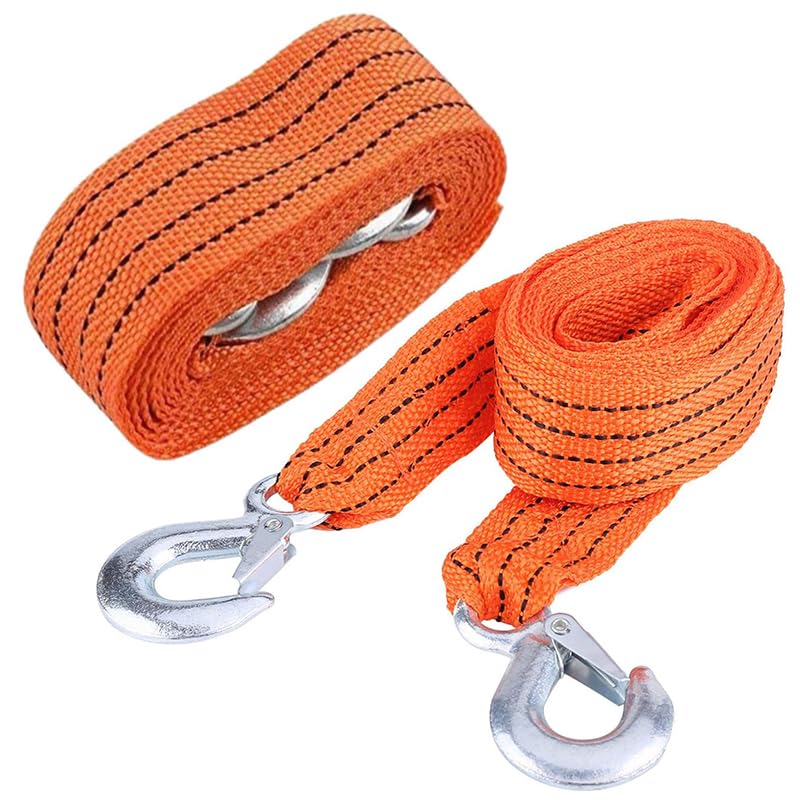 Car Tow Rope Strong Nylon Fabric with Metal Hooks for Emergency Car Towing (4 Meter, Orange, 3 Ton) - KaberTrade