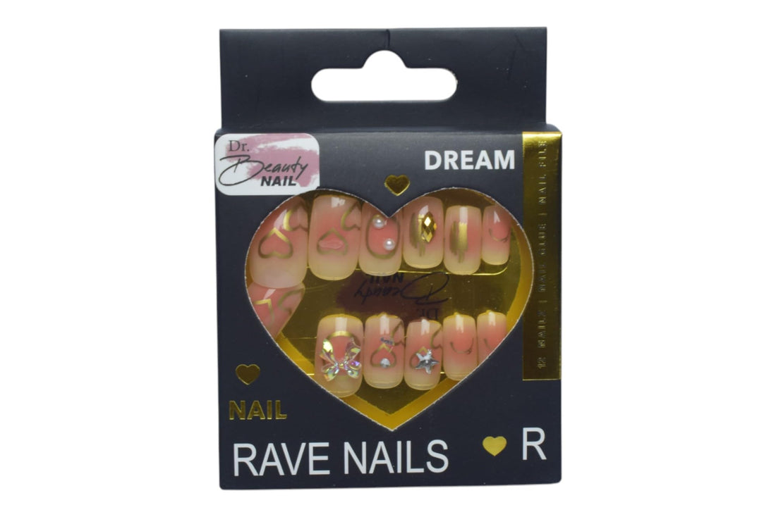 Nail Press On Nails With Rhinestone Set, 12 Pieces - Pink Gold