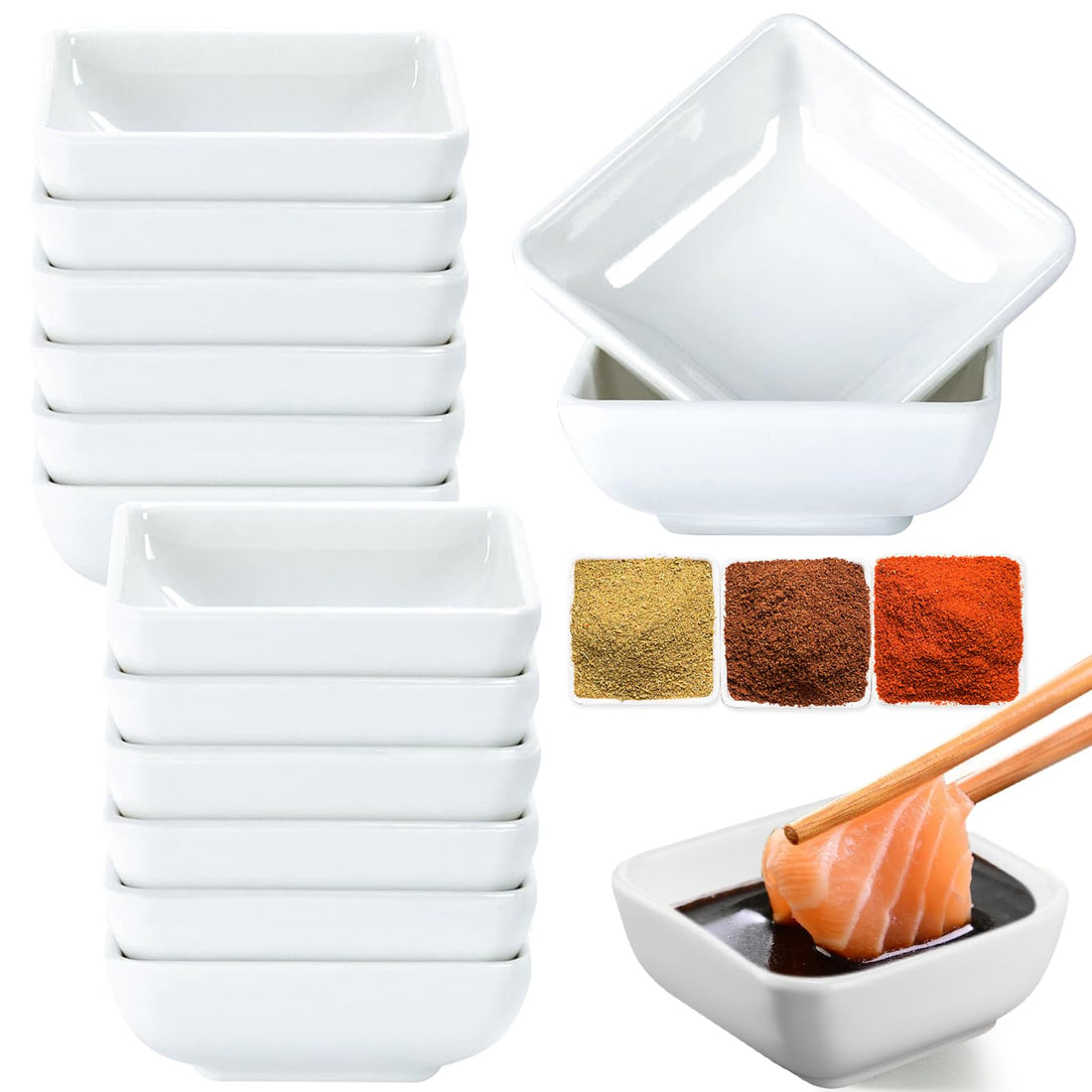EXIN DECHEN Set of 12 Small Bowls for Dips, 7.5 x 7.5 x 3 cm Dip Bowls, Spice Bowls, Soy Sauce Bowls, Small Bowls, Mini Dip Bowls for Sauce, Dipping, Spices, Pudding (White)