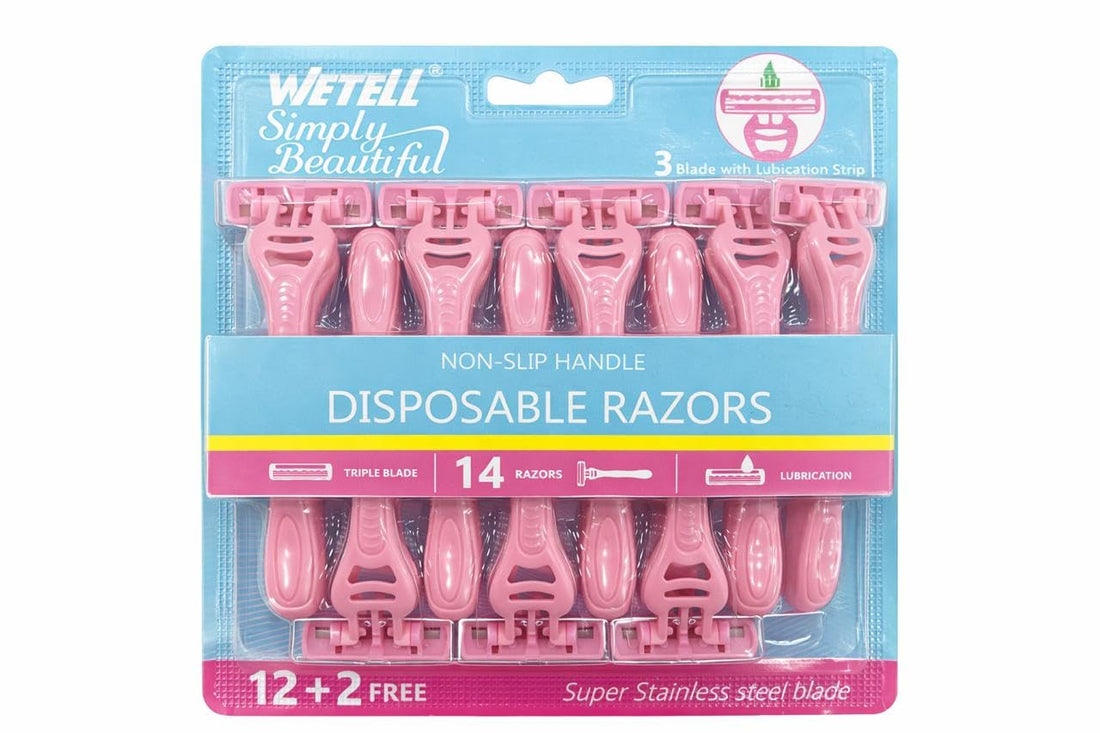 WTELL Disposable Razors for Women, Triple Blade with Lubrication Strip, Non-Slip Handle, Pink, 14 Pack