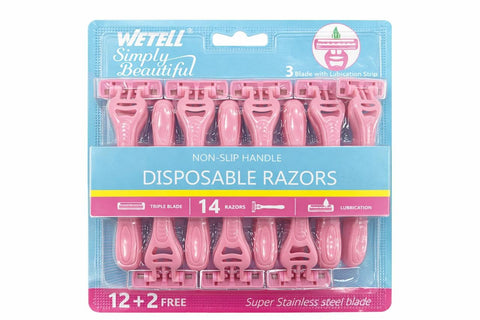 WTELL Disposable Razors for Women, Triple Blade with Lubrication Strip, Non-Slip Handle, Pink, 14 Pack