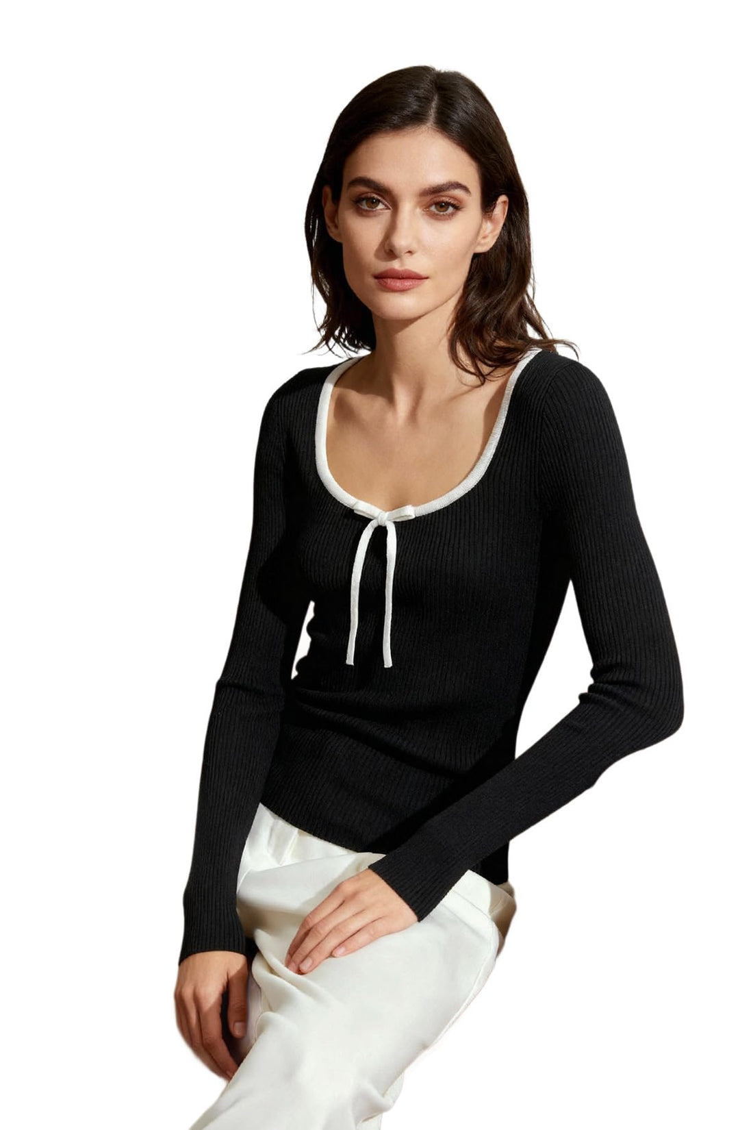 Trendyol Black Mercerized Look Premium Yarn/Special Yarn Ribbon/Bow Detail Knitwear Sweater Twoaw25Kz00207,Black M