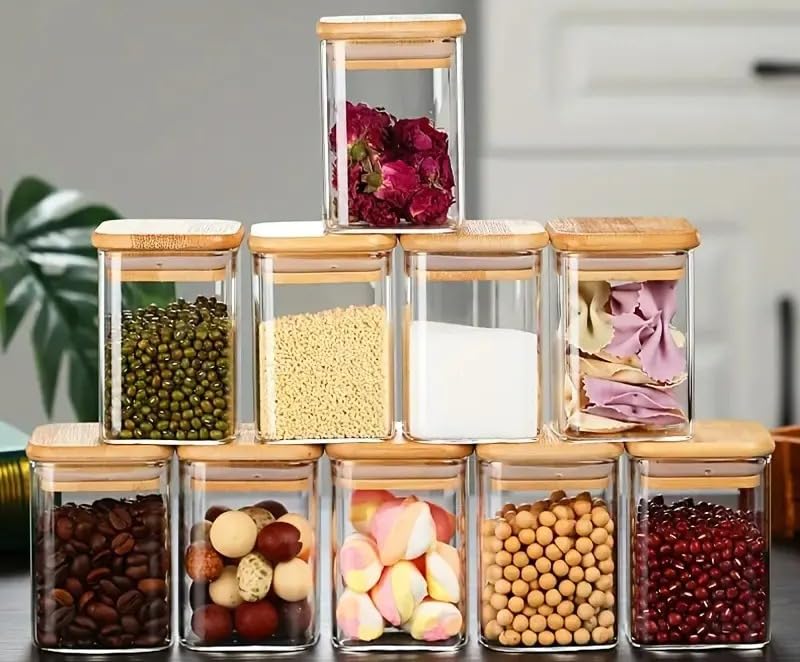 Imported Glass Spice Set:12 Pieces, Premium Design, with Airtight Wooden Lid - Add the Perfect Touch to Your Kitchen! - Generic