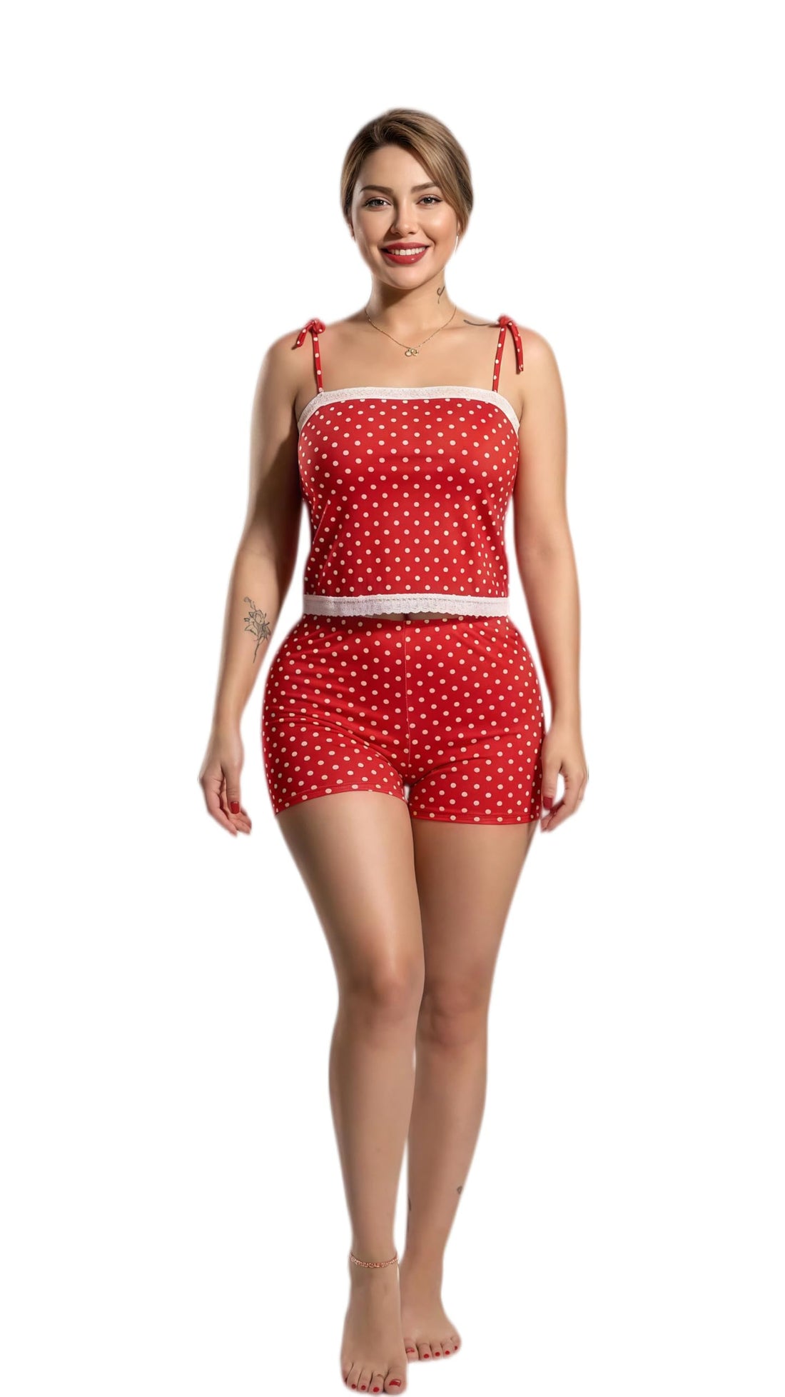 MANIKAN Women's Polka Dot Cami and Shorts Pajama Set with Lace Trim Sleepwear