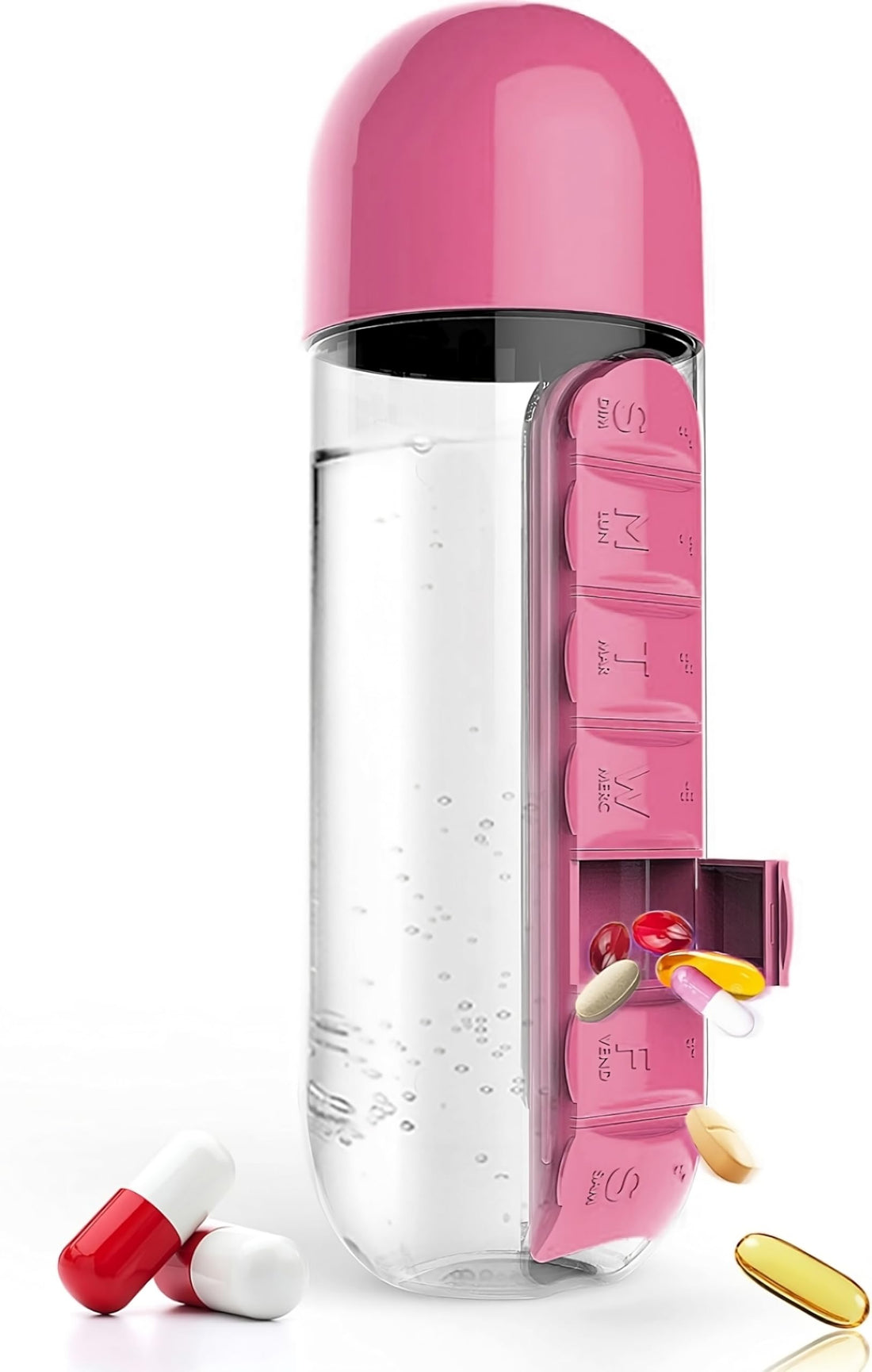 Plan A 600ml W ter Bottle with Weekly 7 Slot Pill Org nizer, BPA Free, Perfect for Home or Tr vel Medicine Org niz tion, Combining E sy Drinking nd Pill Stor ge in Pr ctic l Le k Proof Design (Pink)