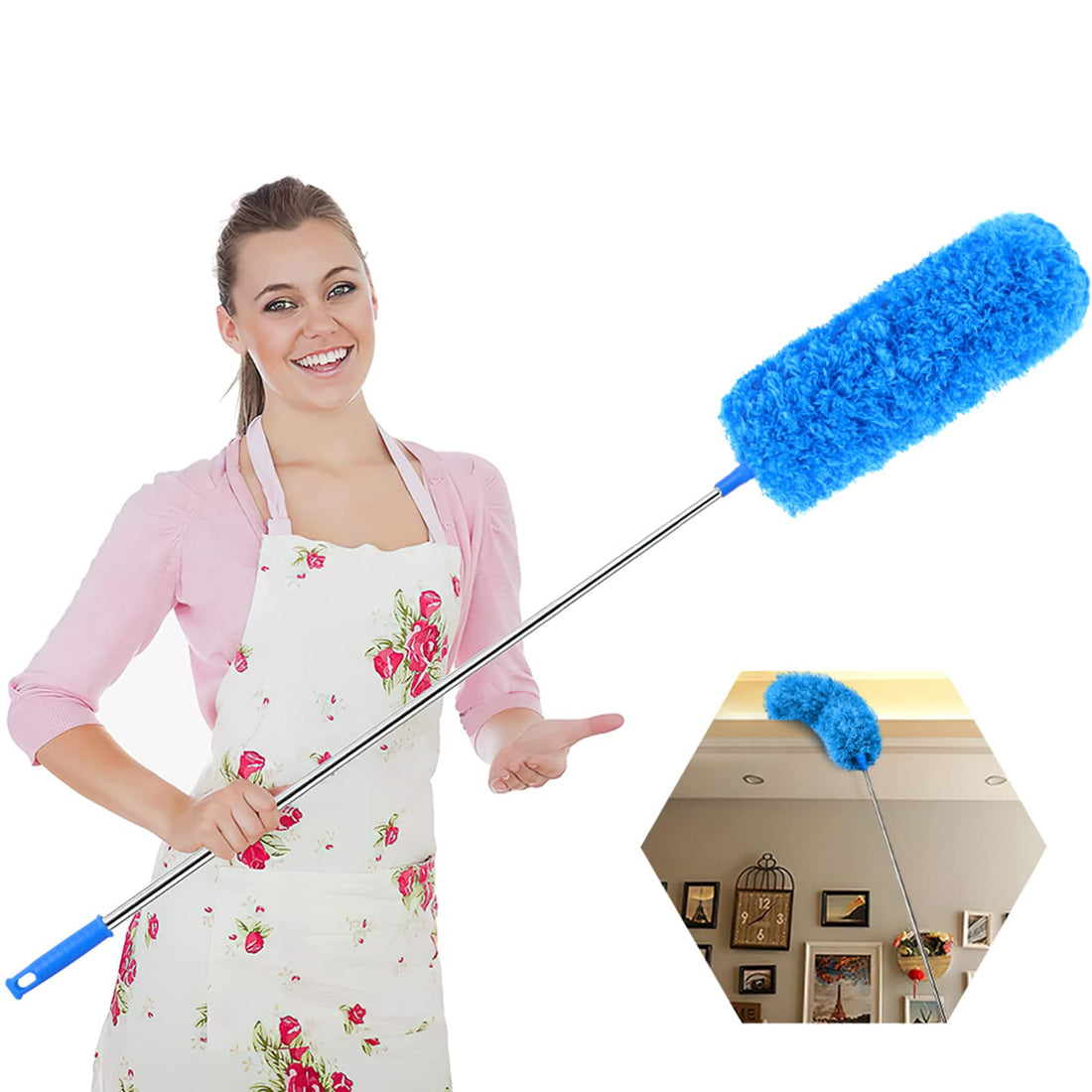 Feather Duster,Microfiber Extendable Duster with 100'' Telescopic Stainless Steel Extension Pole and Soft Silicone Cap,Easy to Absorb Dust Anti Static,Perfect for Cleaning Cobweb,Ceiling Fan,Car etc