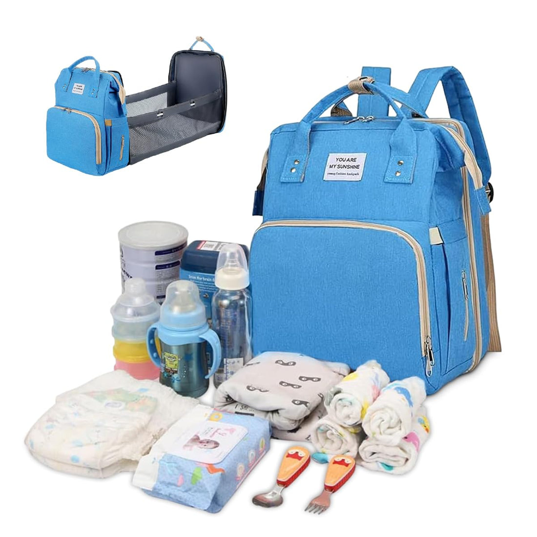 Light Blue Maternity Diaper Bag Backpack - Waterproof Baby Bed, Diaper Changing Backpack, and Baby Care Handbag in One
