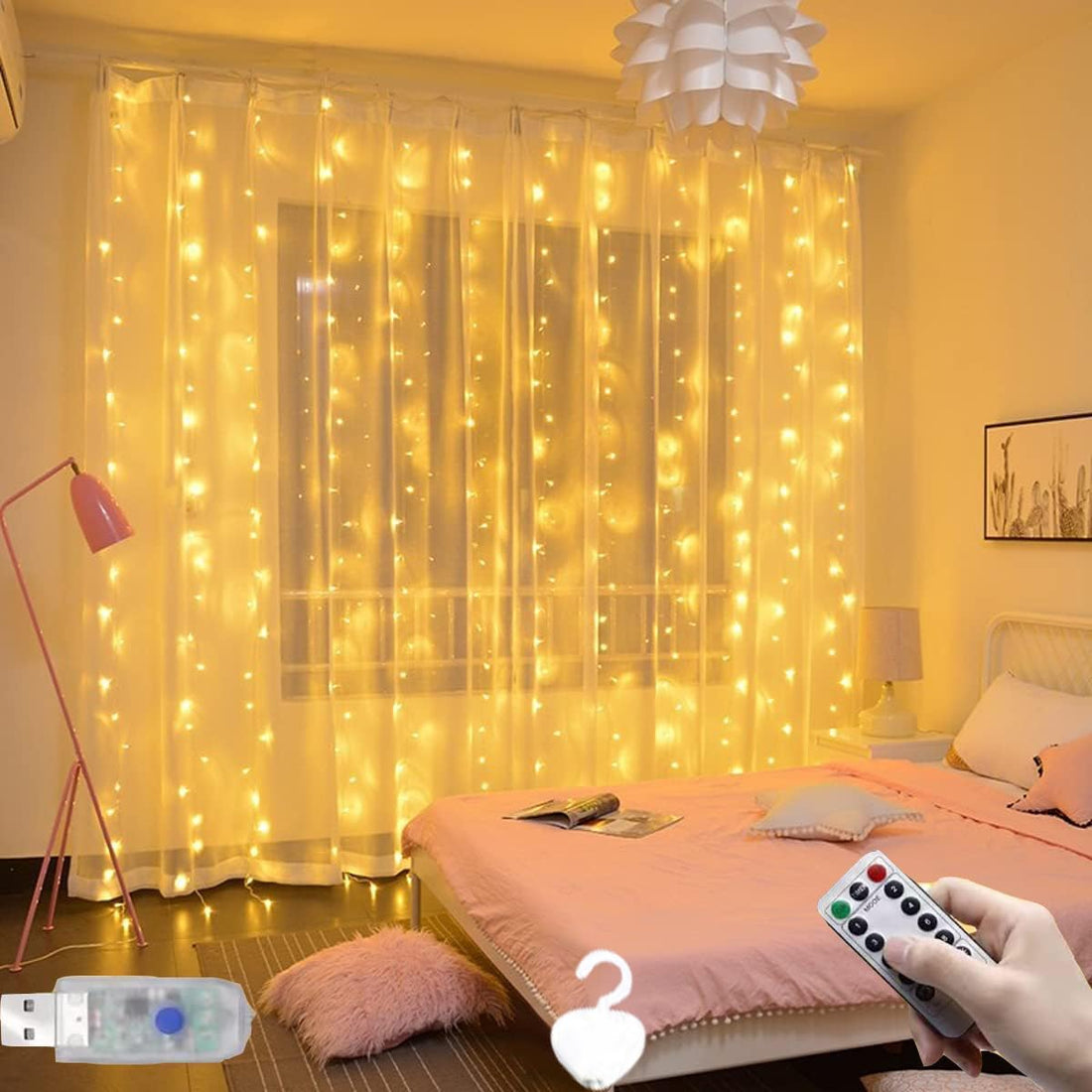 Necomi 300 LED Bedroom Curtain String Fairy Backdrop Lights,USB Powered 8 Lighting Modes String Lights Hanging with Remote Control,Indoor,Outdoor,Party (Warm white)