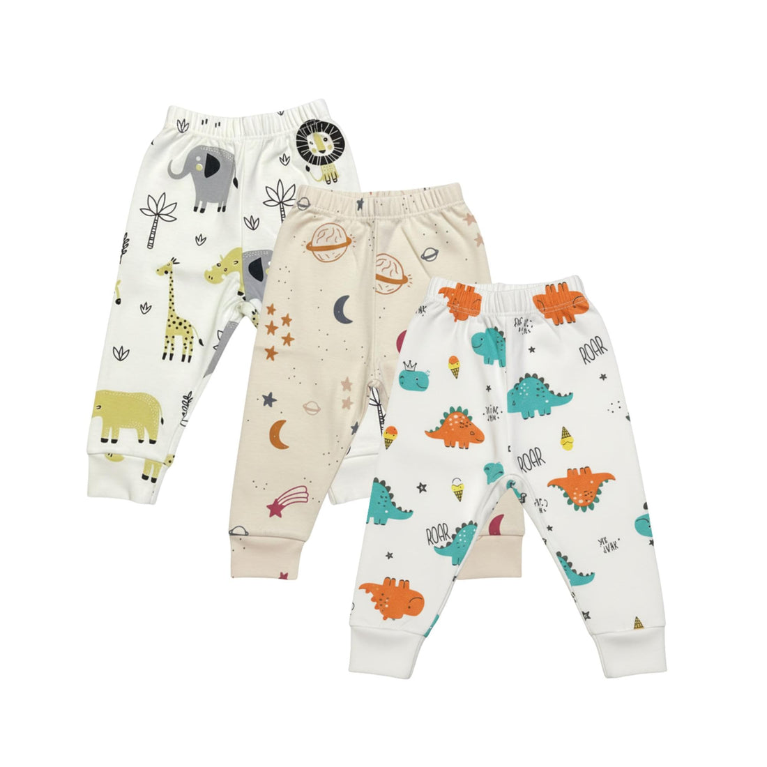 Baby Underwear Pants Set, 3-Pack Cotton Loungewear with Animal Prints, Elastic Waistband, White and Multi-Color