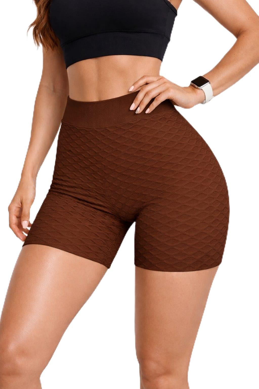 High Waisted Textured Workout Shorts, Grey, One Size (50-100 kg), Tummy Control, Athletic Compression Shorts