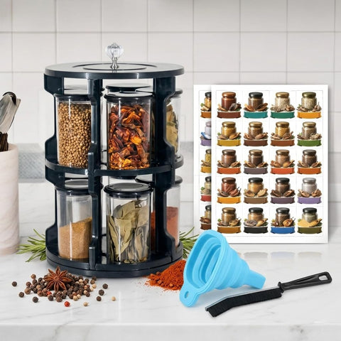 Compelte Rotating Spice Rack Set, Acrylic, 360° Organiser with 10 Clear Jars and Spoons, Modern Countertop Seasoning Storage Stand, With 60 Spice Labels, Funnel & Brush