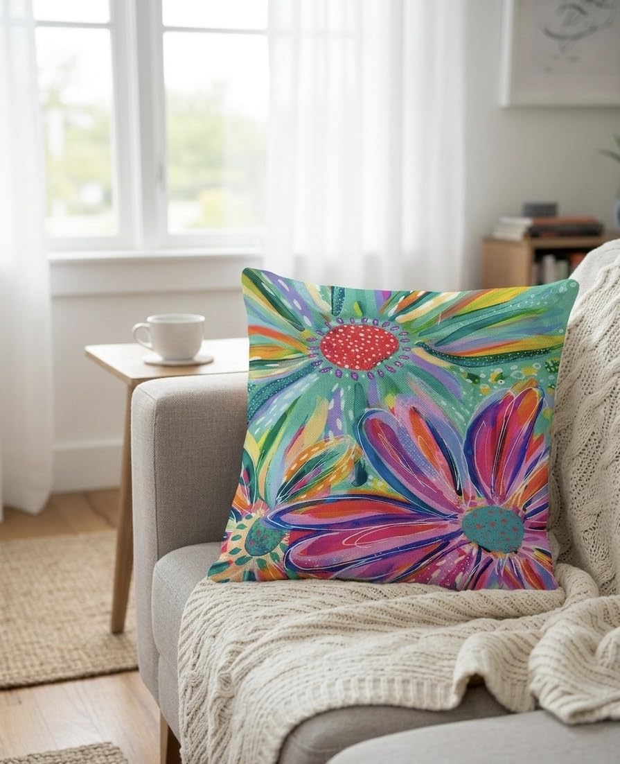 Decorative Floral Cushion Cover 45×45 cm – Artistic Flower Design, Soft Linen-Blend Fabric, Modern Home Décor Pillow Cover for Sofa, Living Room & Bedroom (Neon Bloom)