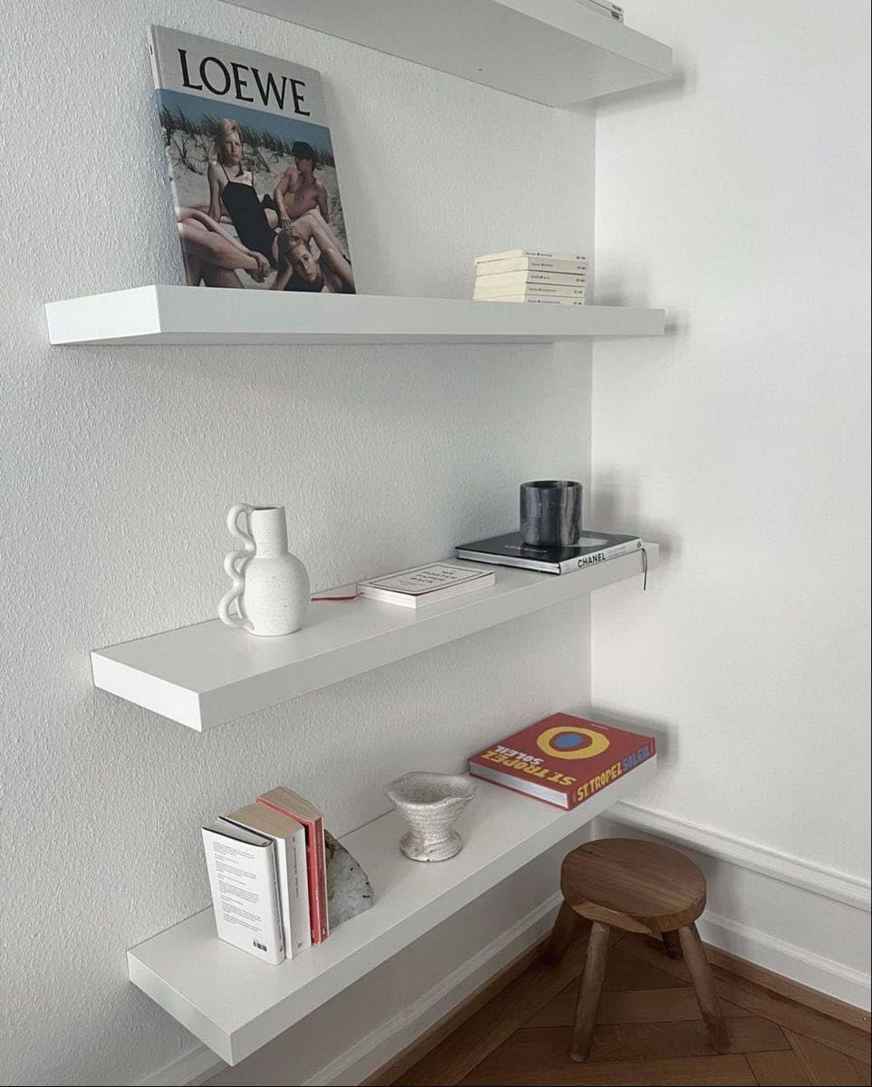 Floating Wall Shelves 3 Pieces, White MDF Wood, 60cm and 50cm and 40cm, 15cm Width, for Home and Office Decoration