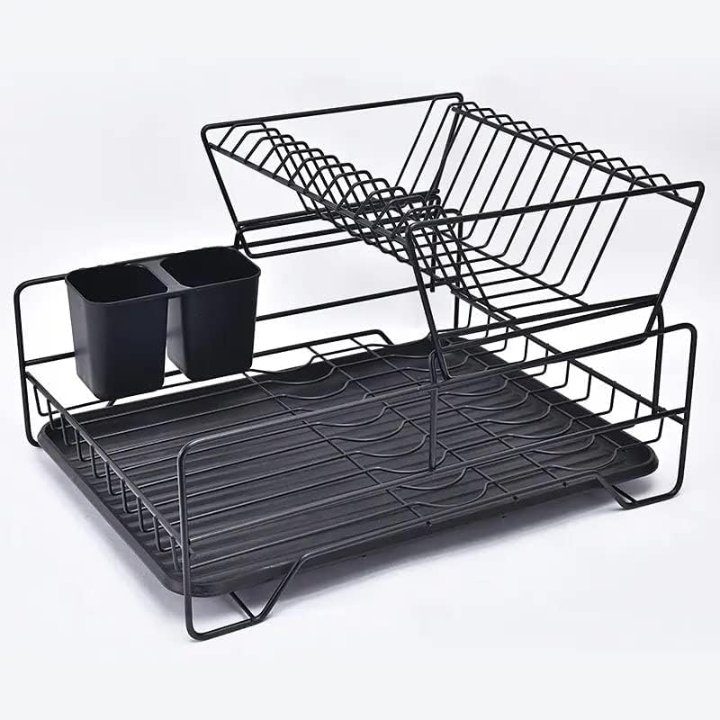 2 Tier Black Modern Zigzag American Kitchen Dish Drainer Cup Dish Drainer Cutlery Organizer with Smart Drainer, Rustproof