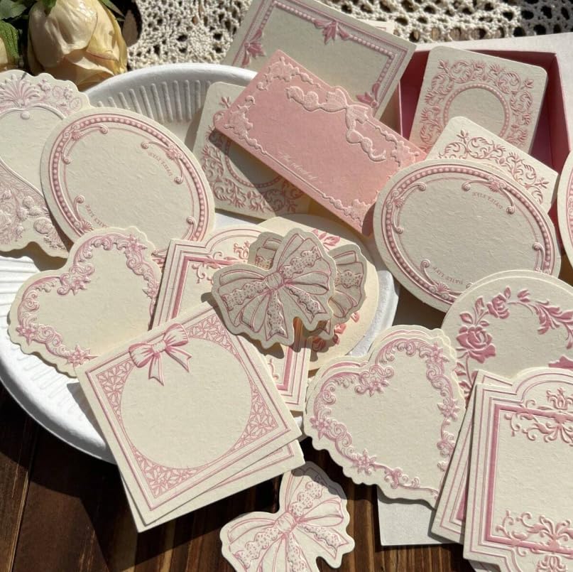 Retro Embossed Relief Printing Cowhide Specialty Paper Memo Pad, Floral Bow Detail Frame, Ins Style, Writable Note Cards for Journal Decoration, 30 Sheets