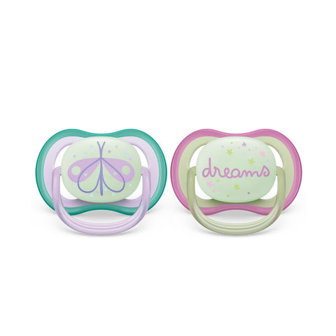 Philips Avent Ultra Air Pacifier - 2 Lightweight Breathable and Glow Pacifier in the Dark for Kids 0-6 Months, BPA-Free with Sterilizing Carry Case (Model SCF376/19)