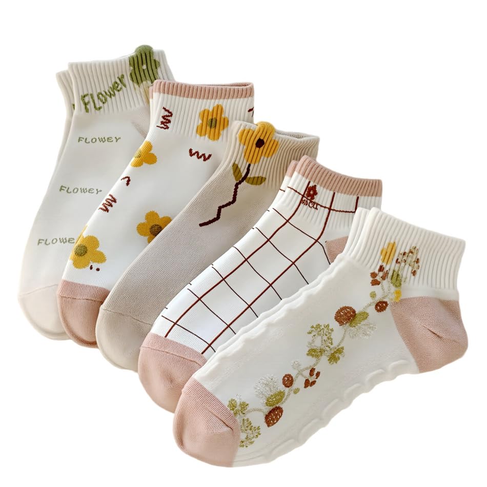 Pack Of Ankle Socks, Made Of Cotton With Delicate Designs For Women Very Comfortable Foot Socks 5 Pairs + 1 Gift Free Size From 35 To 43