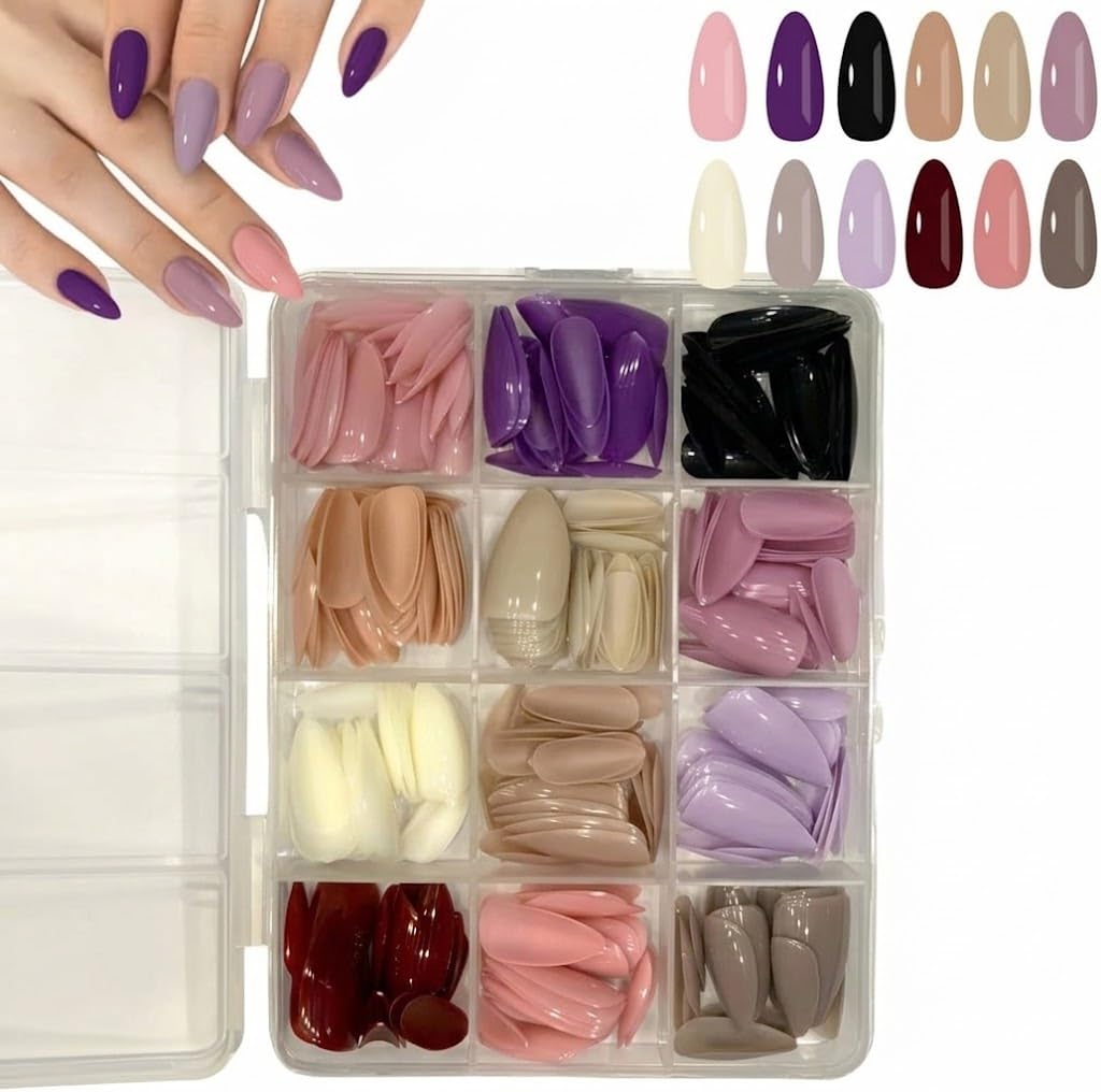 144 pcs Long Almond Fake Nails, 12 colors, big pack of multicolor false press on nails-ulticolor-oval shape
