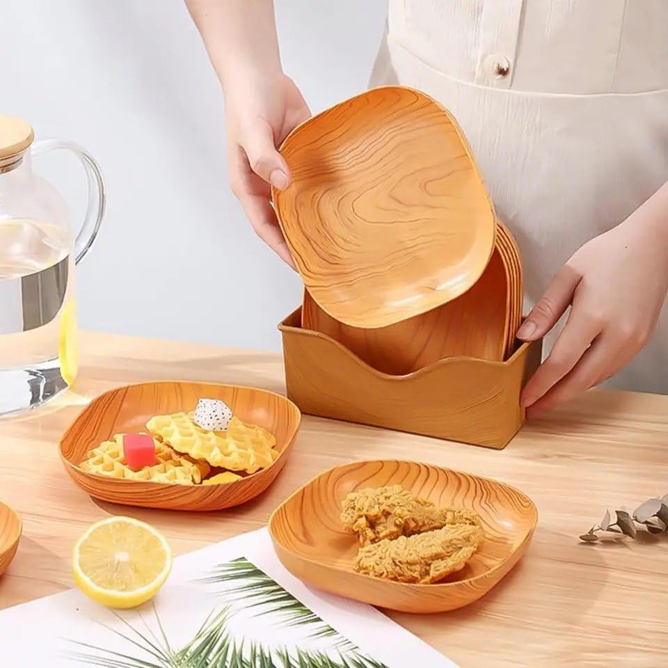 Generic Decorative Plastic Dinner Plates Set with Storage Stand, Wood Grain Design, 5 Plates and Holder, Microwave Safe, Orange mk