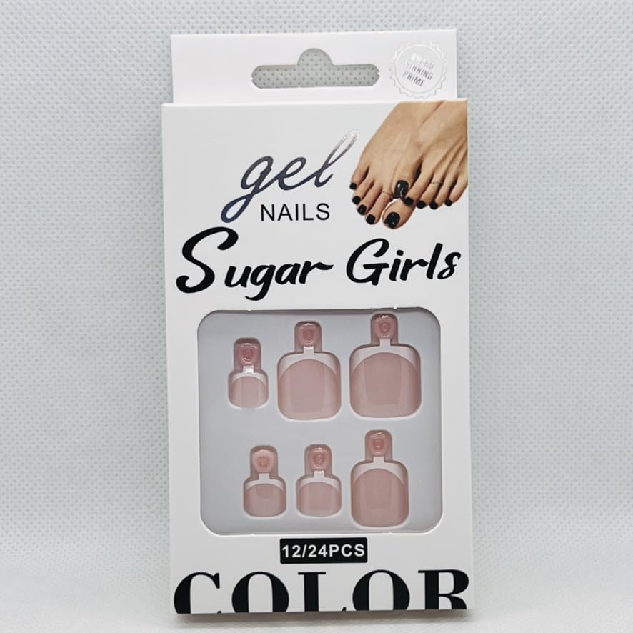 Premium French Toe Press On Nails – 24PCS Glossy Pedicure Fake Nails for Women – 7 Dazzling Trendy Colors (2 of Pink)