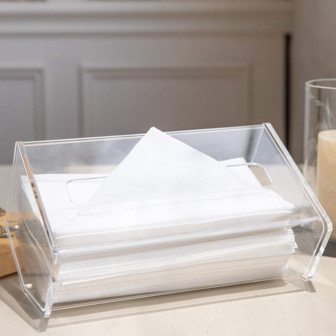 BEST MEDIA Acrylic Tissue Box Holder, 27 Degree Ergo Tilt Cover, Unique Napkin Dispenser, Bathroom Vanity, Bedroom Nightstand, Office Desk, Modern Home Decor, 23Lx13Wx6H CM, Transparent