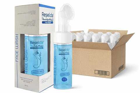 Special Offer: 12 bottles Reselda Face Wash 200ML, daily cleanser & remover with Vitamin C, silicone-free, for all skin types, soft rich foam, silicone brush for deep cleansing