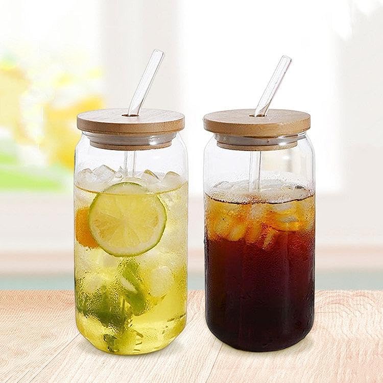 Modern Can Shape Glass Tumblers Set 2pcs with Wooden Lid and Glass Straw, Borosilicate Heat Resistant Drinking Cups for Coffee Juice Iced Drinks Elegant Home Use Imported