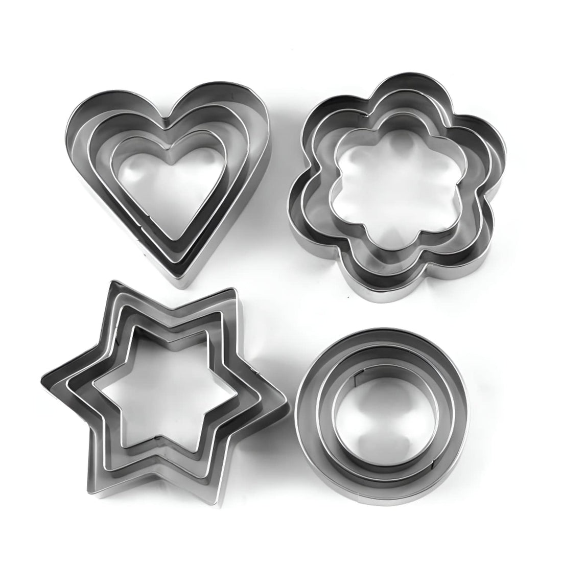 Oblivion Cookie Cutter | 12 Piece | Stainless Steel | Biscuit Cake Vegetable Fruit Cutters | Molds for Baking | Hearts Flowers, Stars, Round, Shape Fondant Cutting Cutter | Silver | 4 Shapes 3 Sizes
