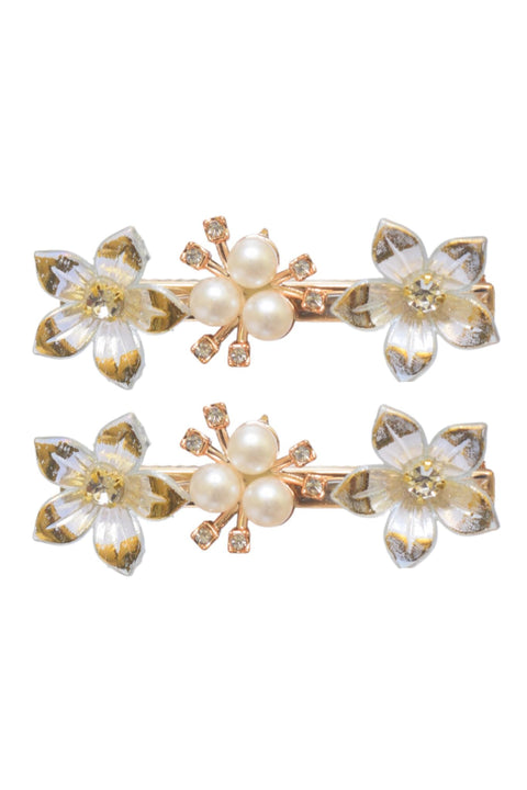 Daphne Hair Clips Set With Flower Design For Girls, 2 Pieces - Gold Blue