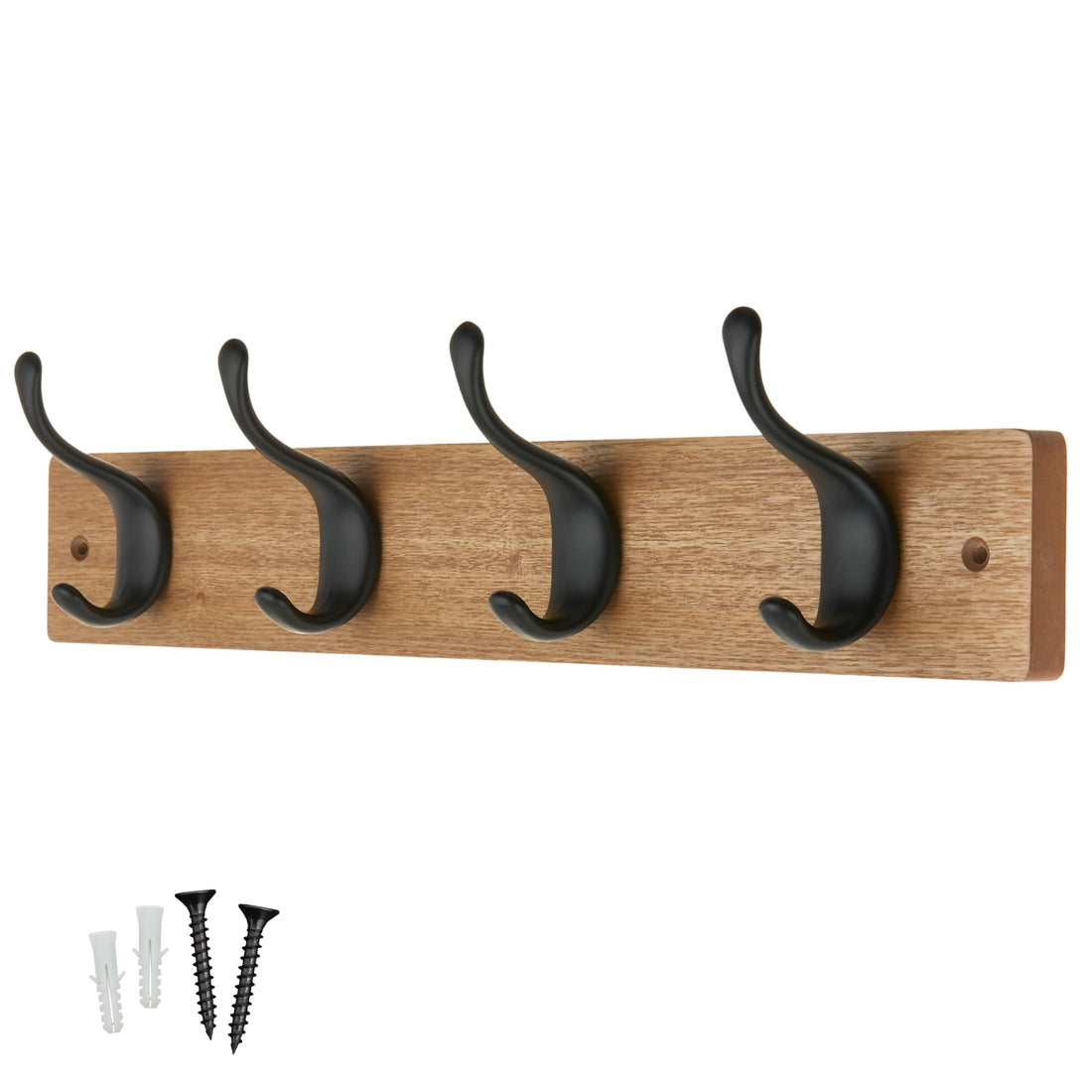 Keypak Modern Wall Mounted Coat Rack, Black Matte Hooks on Wood Base (4 Hooks, Ash Effect)