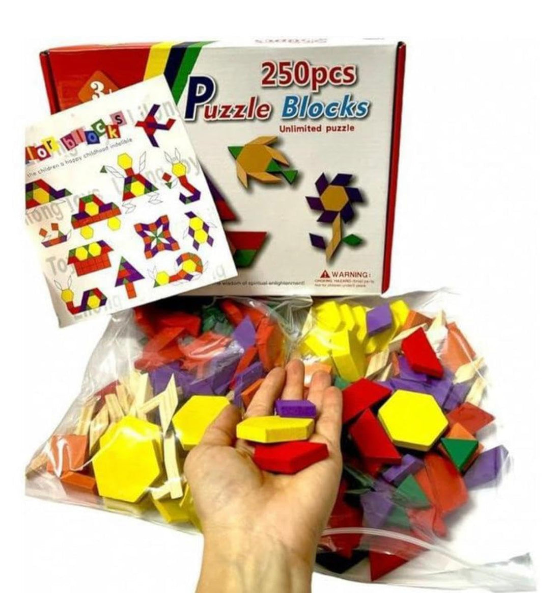 Wooden Puzzle Blocks Set, 250 Colorful Geometry Pieces, Includes 10 Illustration Cards and Design Catalog, Creative and Interactive Educational Toy