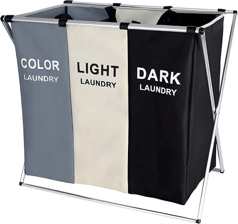 145L Laundry Cloth Hamper Sorter Basket Bag Bin Foldable 3 Sections Laundry Basket with Aluminum Frame 66 Ã— 38 x 58 cm Washing Storage Dirty Clothes Bag for Bathroom Bedroom Home (145L, Three Color)