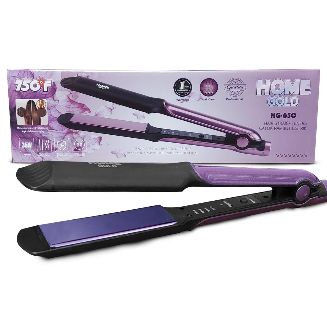 HOME GOLD Hair Straightener, Salon Quality with 750°F, Perfect for Curly and Straight Hair, Rapid 30-Second Heat-Up, and 360° Rotating Cord, 35W, HG-650