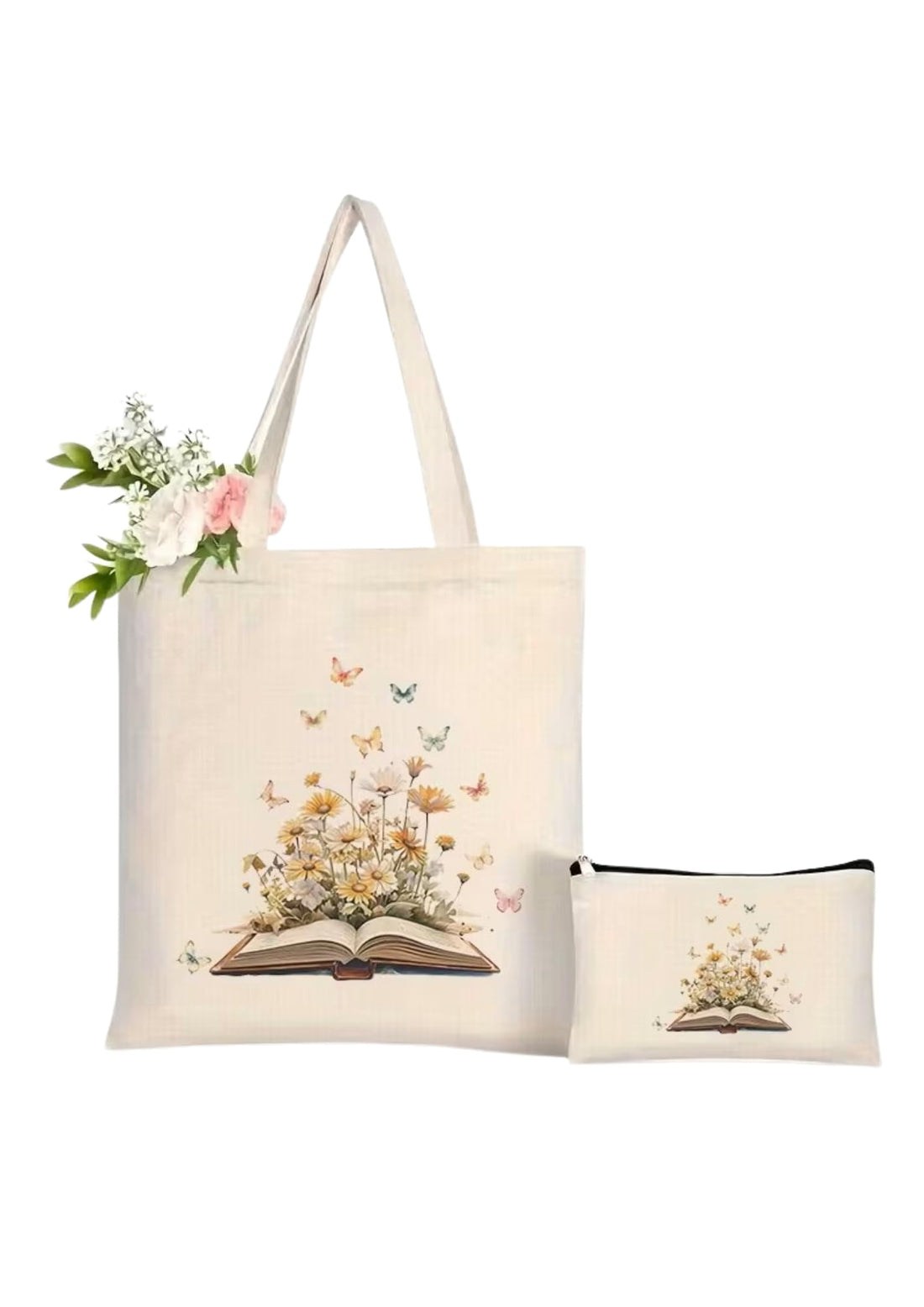 Canvas Tote Bag - with Zipper & Small Pouch, Shoulder Tote Bag for Women, Gifts for Mom Grandma Teacher