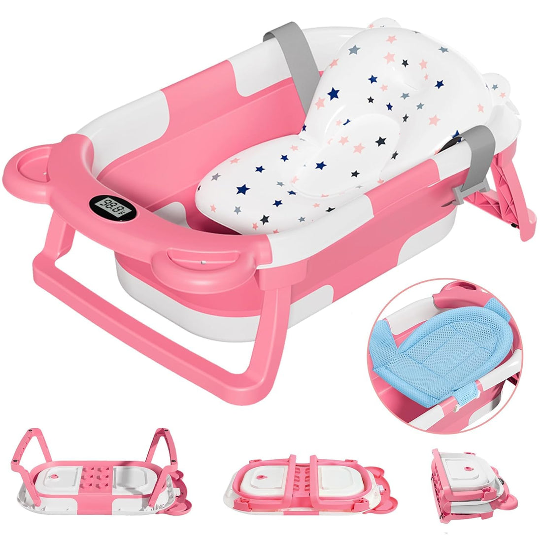MOLOR Collapsible Baby Bathtub for Newborn with Thermometer & 1 Soft Floating Cushion & 1 Bath Net,Portable Travel Bathtub with Drain Hole,Durable Foldable Baby Tubs for Infants to Toddler (Pink)