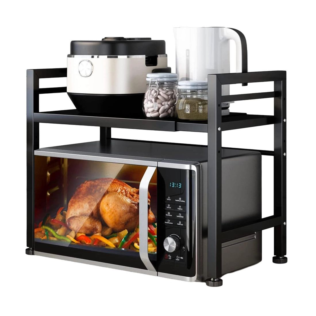 Expandable Microwave Oven Rack Shelf Adjustable Kitchen Counter Shelf 2-Tier Carbon Steel Microwave Shelf Kitchen Countertop Organizer Stand for Rice Cooker Toaster