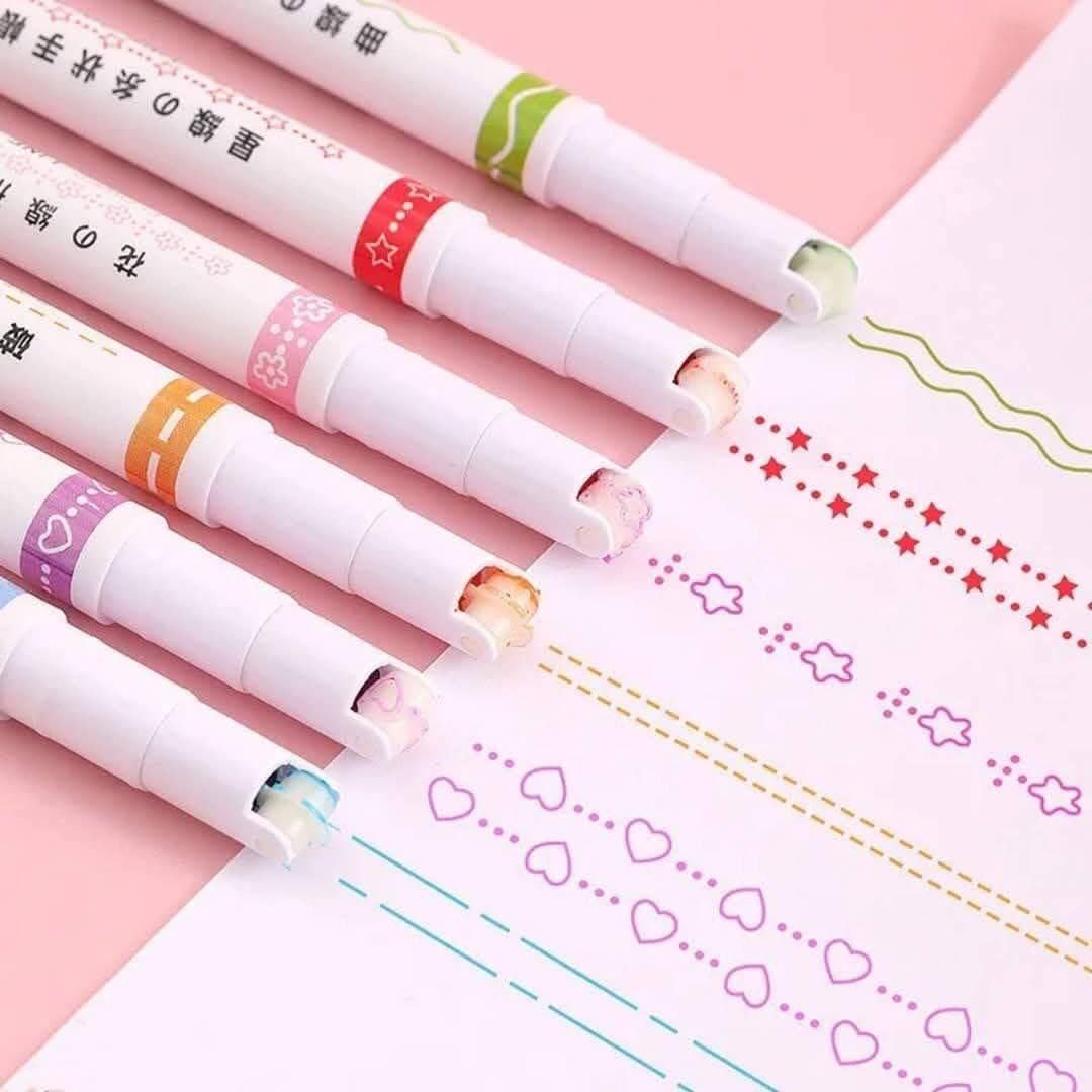 Decorative Pattern Marker Pens Set, Colourful Heart and Star Design, Fine Point, White Body, 6 Pack