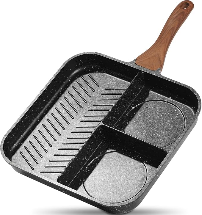 3 in 1 Multi-Section Frying Pan Healthy Cooking for Breakfast and Lunch – Perfect Cooking Pan for Eggs, Omelets, Sauces, Burgers – Non-Stick Surface with Wooden Handle & Easy to Clean