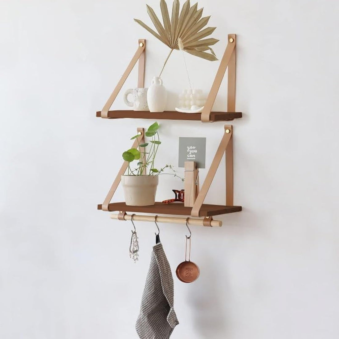 PU Biege Leather Strap Wall Floating Shelves 80X20 Brown 2 shelves