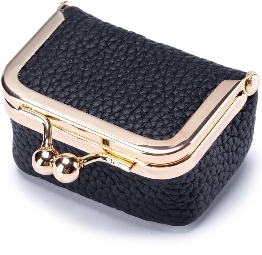 Leather Coin Purse jewelry Case Organizer with Kiss Lock for Ring Earring Necklace, Chic Mini PU leather Wallet for Women (Black)