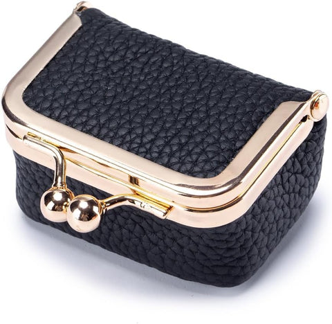 Leather Coin Purse jewelry Case Organizer with Kiss Lock for Ring Earring Necklace, Chic Mini PU leather Wallet for Women (Black)