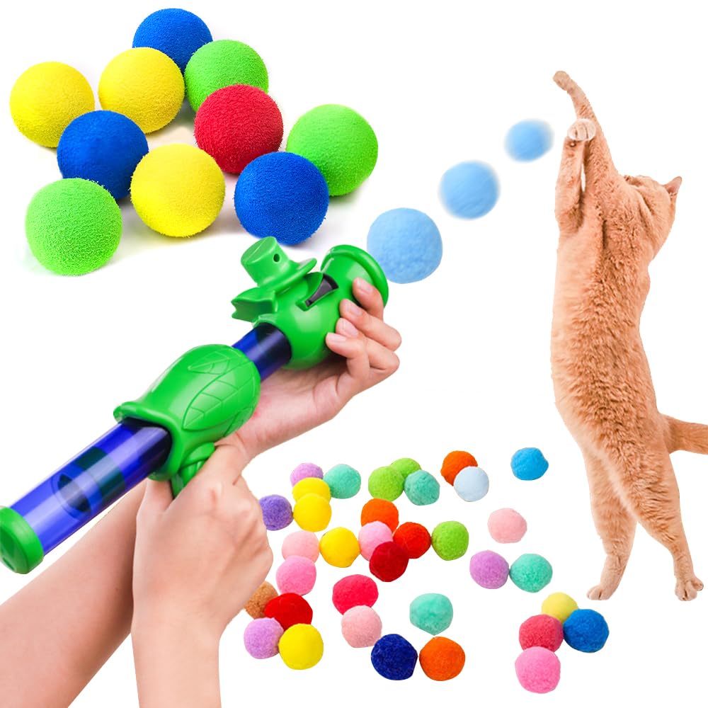 Cat Toy Launcher Cat Pom Balls Low Noise Interactive Cats Ball Launcher Gun 10 Pcs Colorful Silent Plush Pom Balls Cat Ball Toys Cat Toy Spinkit Interactive