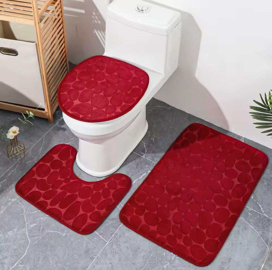 Generic Bubble 4-Piece Bathroom Set, Black, Super Soft Faux Fur with Non-Slip Backing, Includes Sink Mat, Door Mat, Toilet Seat Cover, Toilet Lid Cover .flo (red)