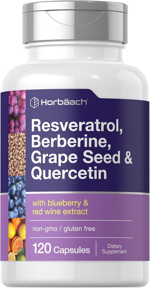 Resveratrol, Berberine, Grape Seed & Quercetin Complex – With Blueberry & Red Wine Extract – Advanced Antioxidant & Heart Support – 120 Capsules – Non-GMO & Gluten-Free