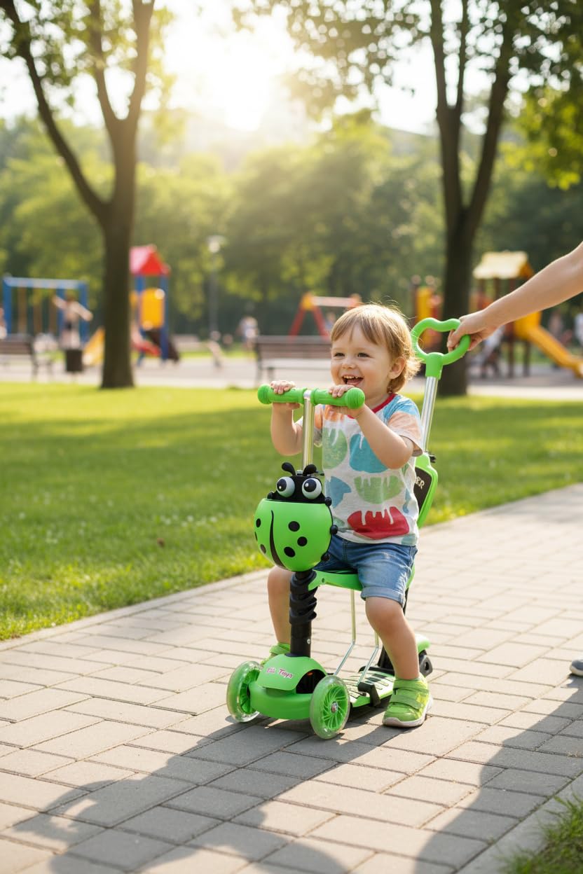GHAZAL 5-in-1 Kids Scooter with LED Light Up Wheels, Green, Toddler, 50kg Capacity, 57x14x53cm, 3 Wheels, Aluminium Frame
