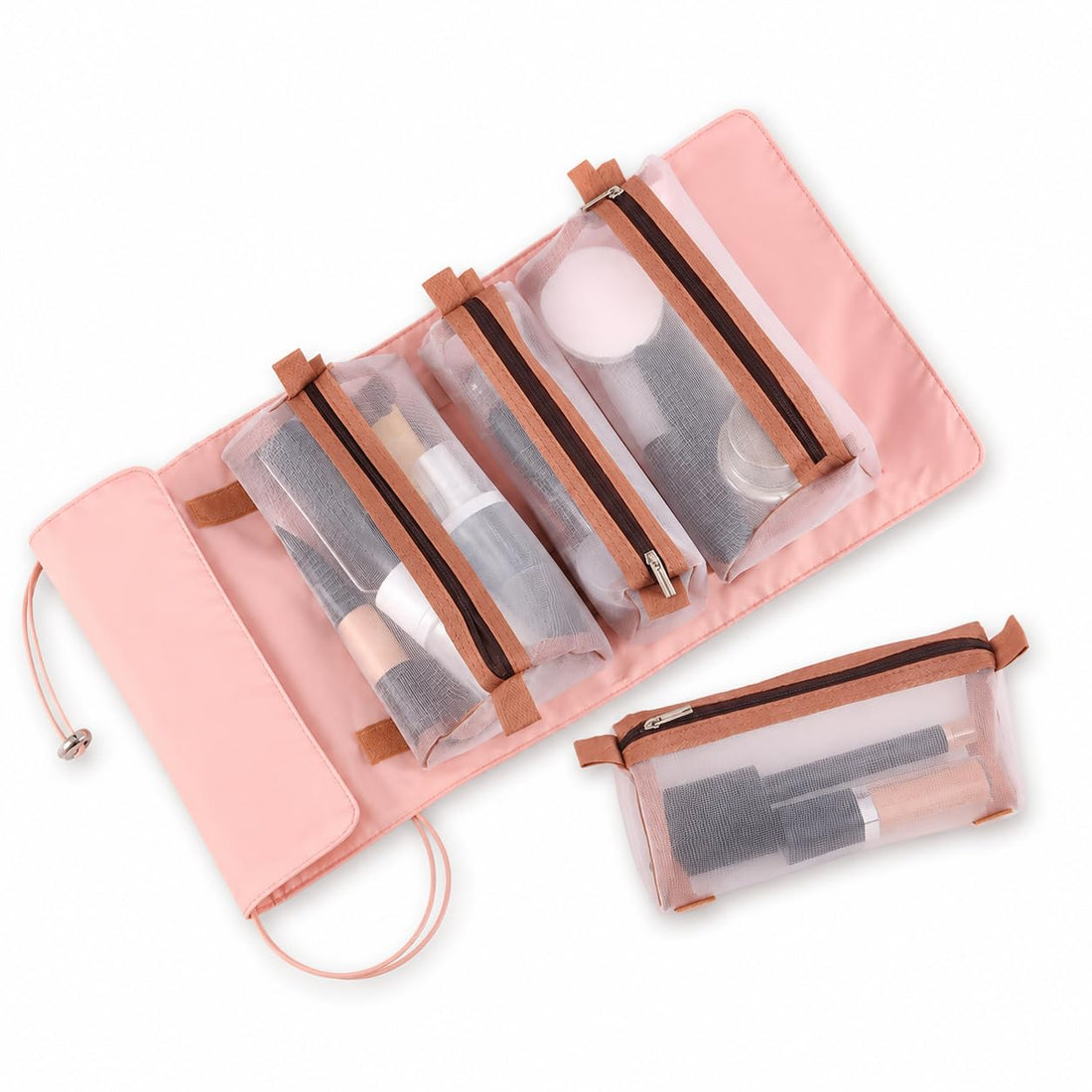 Multi-Purpose Roll & Go Makeup Storage Bag with 4 Clear Organizer Pouches, Portable Satin Cosmetic Travel Case for Makeup, Toiletries & Accessories